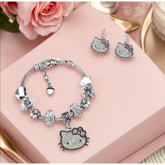 Hello Kitty Rhinestone Charm Bracelet & Earrings Set – 8 Adorable Charms - Picture 1 of 2